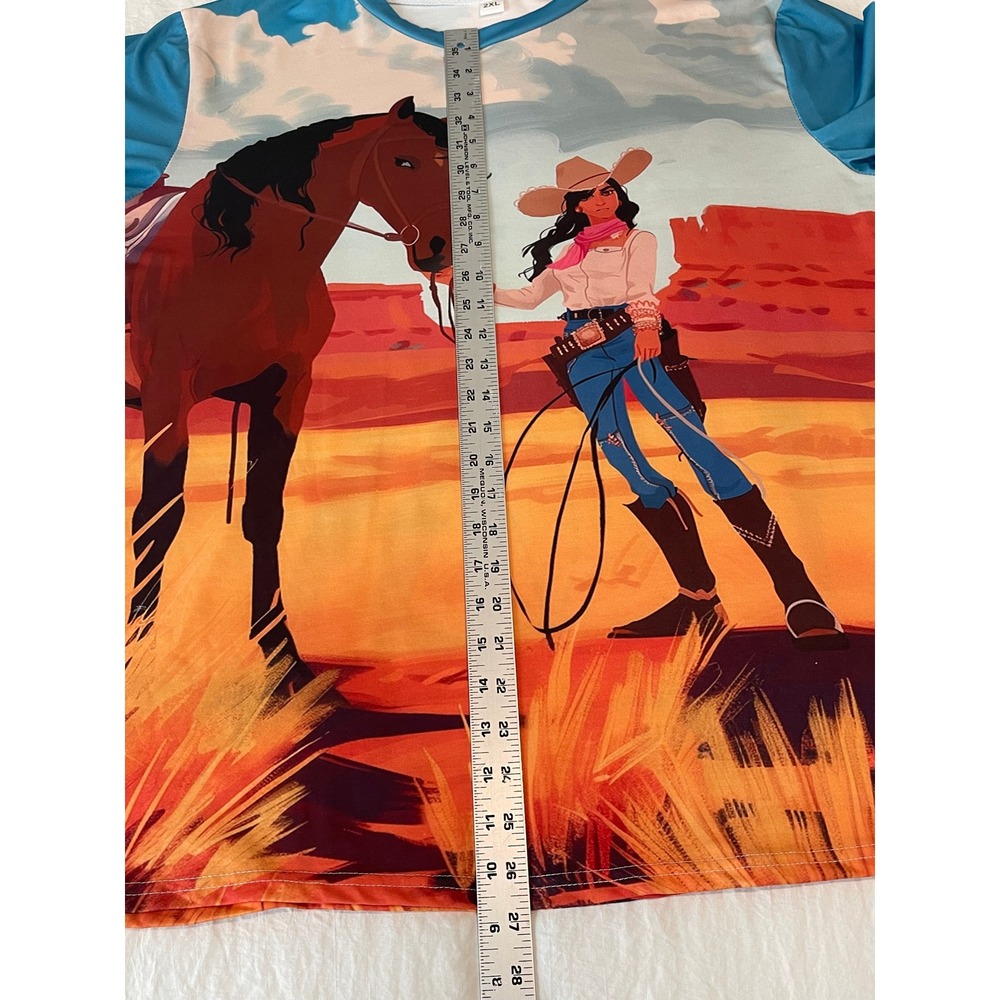 00677 Womens 2XL GraphicTShirt 3/4 Sleeve Cowgirl Horse Western Desert Landscape - Picture 4 of 7